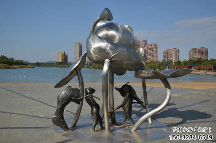 宜春蓮蓬嬉戲雕塑，城市植物景觀雕塑，不銹鋼鏡面效果